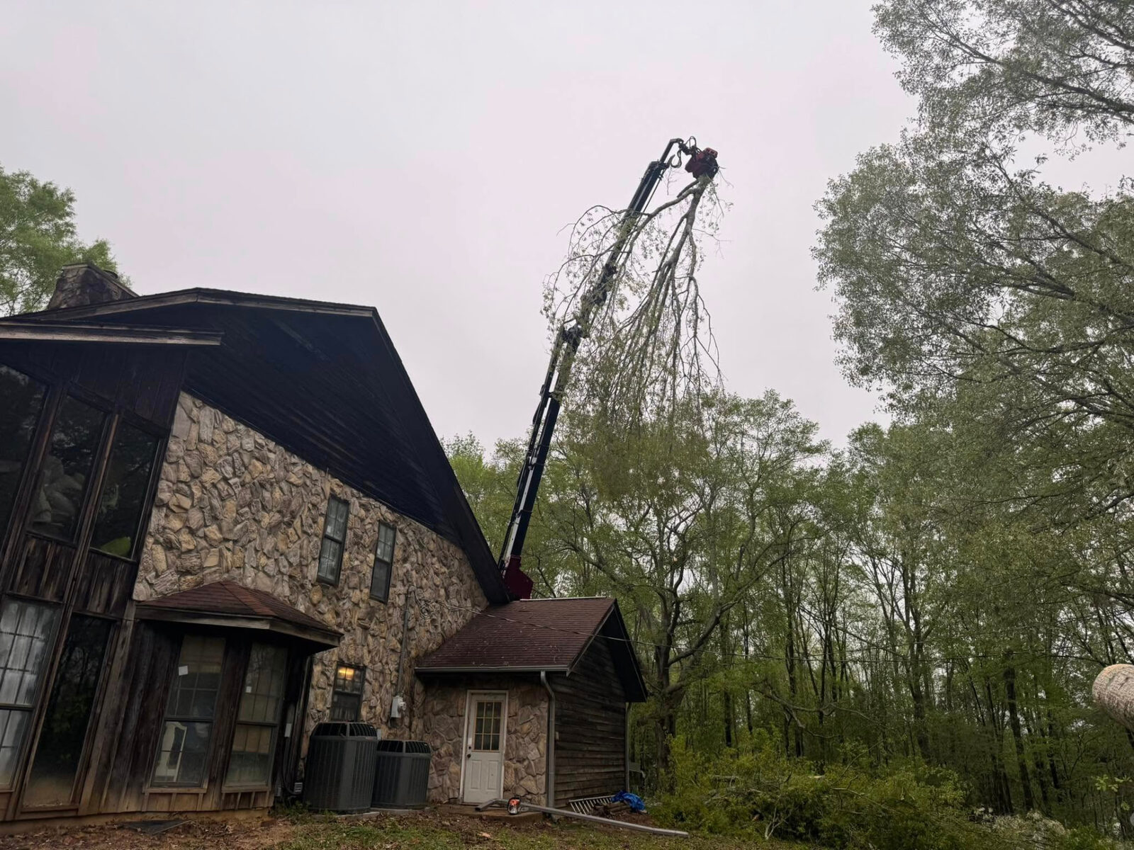 Crane lifting a log over a backyard deck
